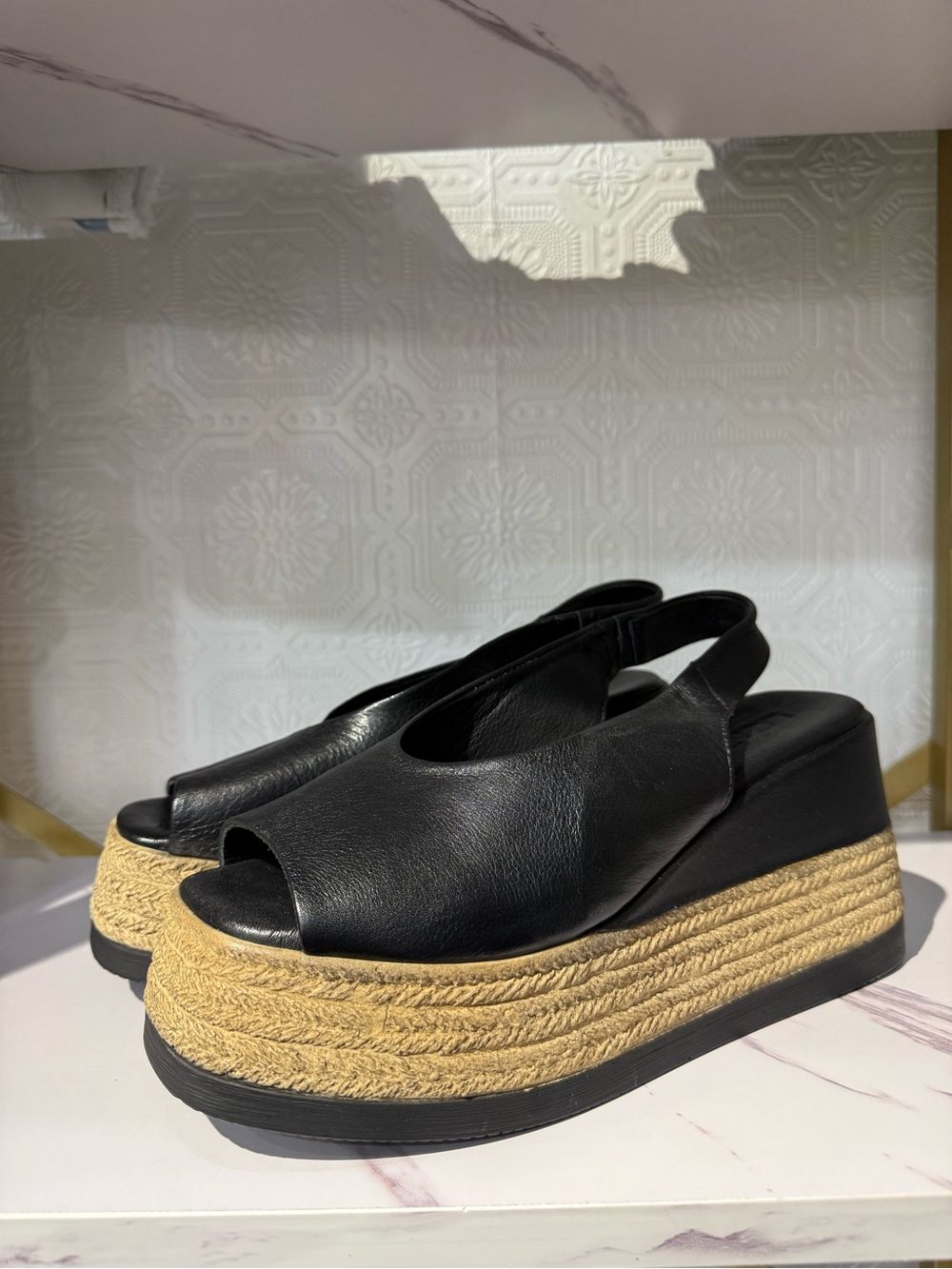 Lonza Agnes’s Black Leather Platform Espadrille Slingback Sandals